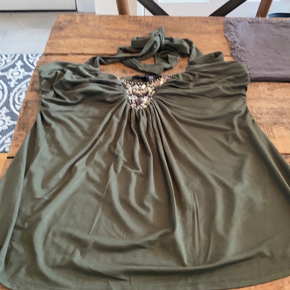 Whbm olive embellished halter top euc